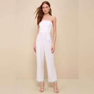 NWT Lulu’s Brilliant Magnificence White Pearl Sequin Strapless Jumpsuit XL